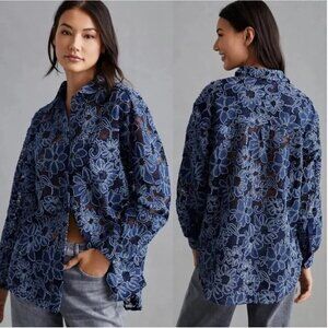 Anthropologie Pilcro Blue Floral Sheer Lace Blouse Button Down, Medium
